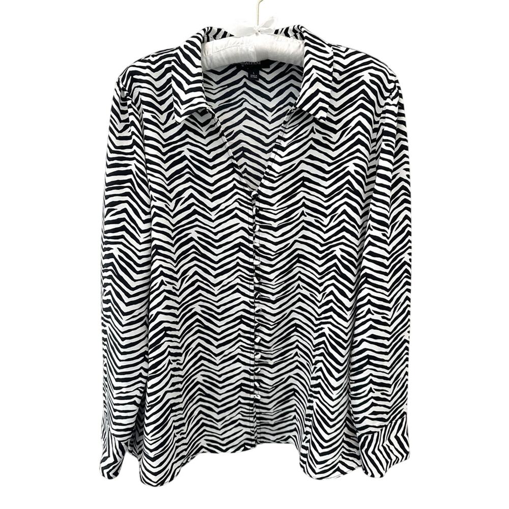 ALFANI | Black White Geometric Zigzag Button Up Blouse Modern Workwear | Large